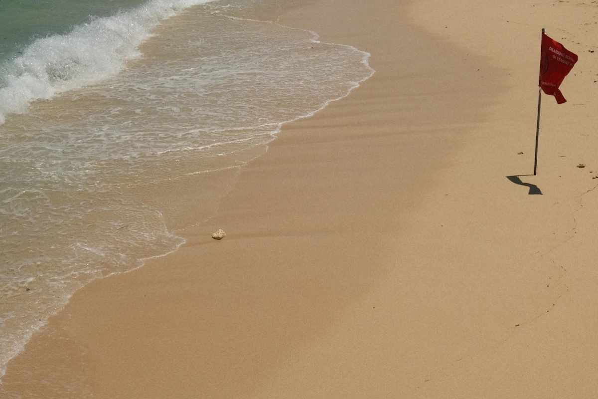 A single red warning flag planted in the sand on an empty beach