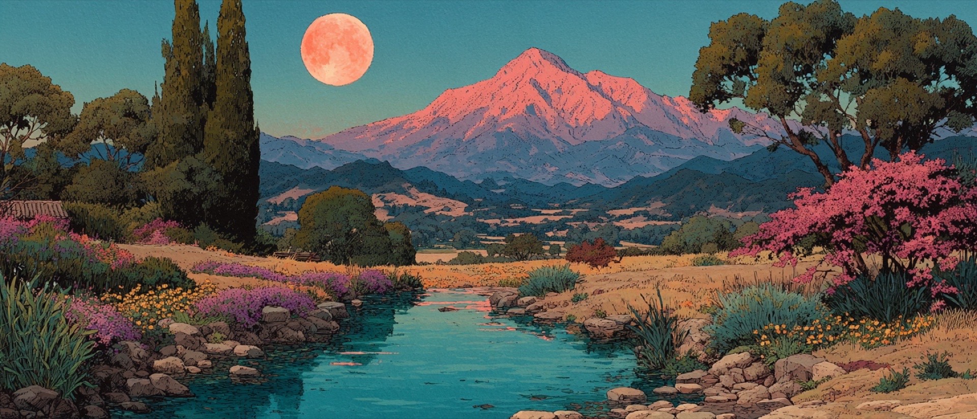 Illustrated evening landscape