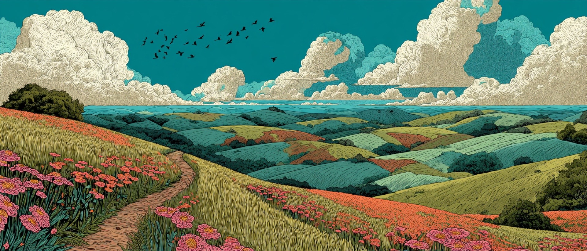 Illustrated rolling hills landscape